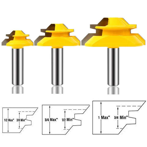 45 Degree Lock Miter Router Bit Set for Tongue and Groove, One Half Inch Shank, carbide cutters, diagram dimensions shown
