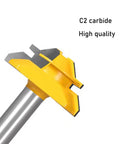 Killer 45 Degree Lock Miter Router Bit Set With Half Inch Shank And Hardcore Carbide Blades For Woodworking Joints And No Fuss Smooth Cuts In ThirtyOne SixtyFourth ThreeQuarter And One Inch Lumber Shop Ready; C2 carbide router bit close-up.