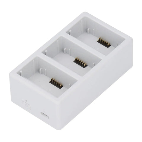 Three Bay Drone Battery Charger Hub With Fast 35W Dual Charging, Power Up Three Batteries At Once, white rectangular design.