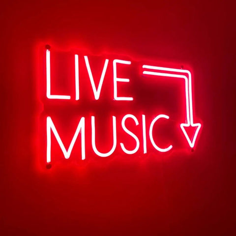Live Music Neon LED Sign Handcrafted Wall Decor Light 17 By 11 Inches for nightclubs, bars, and bedrooms with vibrant red neon glow