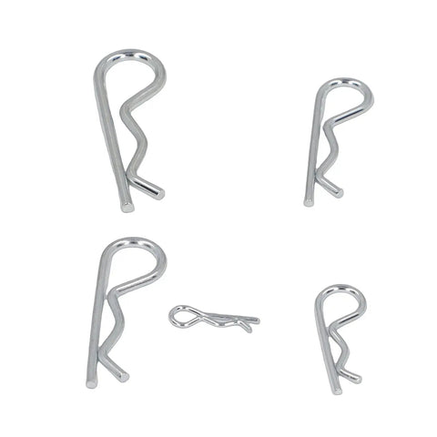 100 Pack Stainless Steel Hair Pin Cotter Pins R Clip Assortment Kit For Hitch Pins Clevis Pins Shafts And Mechanical Fastening, shown in five sizes
