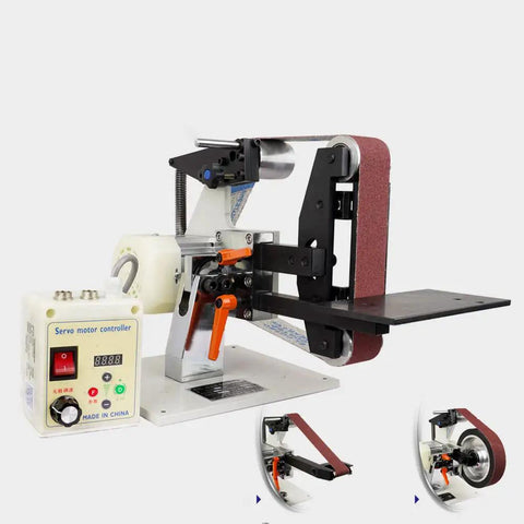 Heavy Hitter Brushless Electric Belt Sander And Knife Sharpener With Adjustable Speed Rugged Steel Frame shown with servo motor controller.