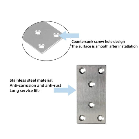Kickass Heavy Duty Stainless Steel Mending Plates And Right Angle Brackets Tough Metal Joining Supports For Furniture Wood Shelf Repair Rust Resistant Brushed Nickel 6 Pack with countersunk screw holes.