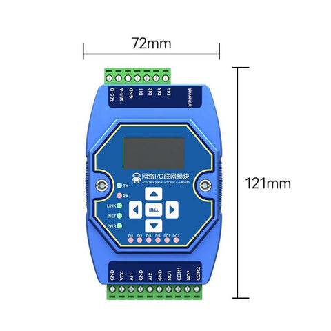 4DI 2AI 2DO RS485 RJ45 Analog and Digital IO Module for Modbus TCP RTU Networking dimensions 72mm by 121mm