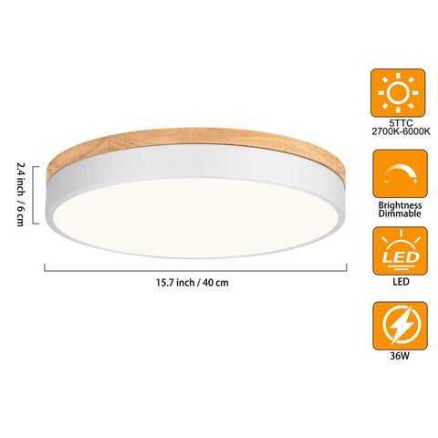 Dimmable Wood LED Flush Mount Ceiling Light With Five CCTs 2700K To 6000K Modern Round Close To Ceiling Fixture size dimensions