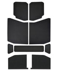 Top view of nine black Boom Mat sound-deadening headliner panels for 4-door Jeep Wrangler JL, custom-fit peel-and-stick kit