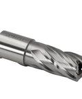 Annular cutter drill bit, 3/4 in diameter, Weldon shank, HSS with spiral flutes (side view).