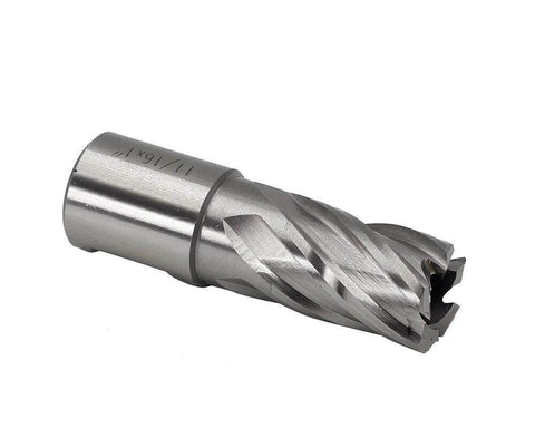 Annular cutter drill bit, 3/4 in diameter, Weldon shank, HSS with spiral flutes (side view).