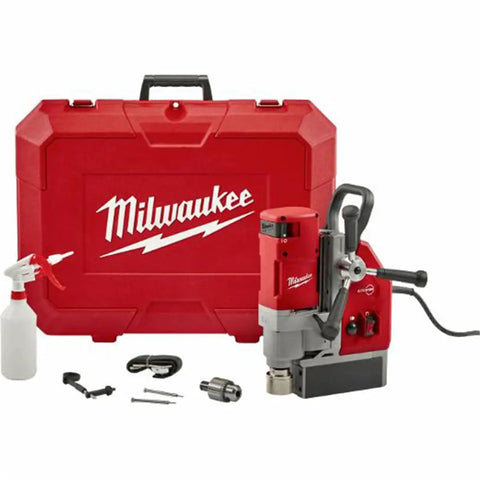 Top Tier Certified Refurbished Magnetic Drill Press Kit Built Different With A Rock Solid Kinematic Base And One Five Eighth Inch Bit Capacity For Crushing Thick Steel Plates Like Paper Smooth Operator Tool Set, includes drill, case, and accessories.