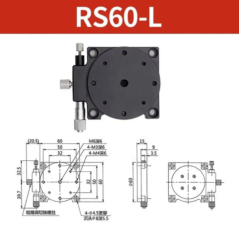 Diagram and top view of RS60-L R-Axis Rotary Stage With 360-Degree Coarse Rotation And Fine-Tune Five Degrees on Crossed-Roller Platform