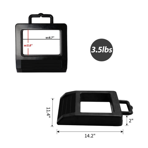 Heavy Duty Rubber Pallet Jack Stopper For Pallet Trucks Non Slip Wheel Chock With Friction Enhanced Base Measures 14.2 By 11.4 By 2 Inches Durable Rubber Compound For Secure Parking And Stability, shown in front and side views with measurements and weight.