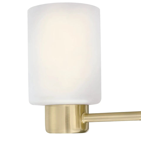 Close-up of frosted glass and champagne brass detail on Three Light Wall Fixture In Champagne Brass Finish With Frosted Glass For Vanity Or Bath Mounts Up Or Down Transitional Modern Sconce Perfect Over Sink Adds Subtle Glam To Your Powder Room.