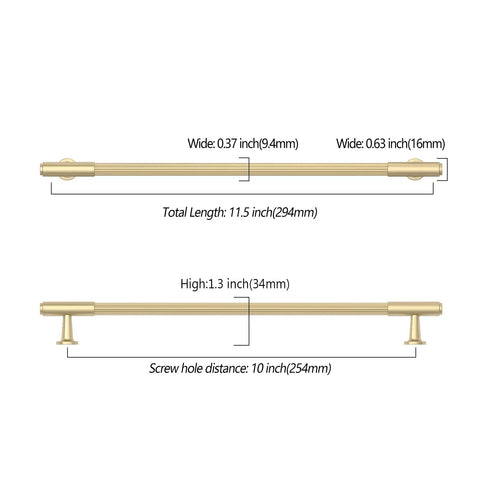 10 Pack Brushed Gold Cabinet Pulls Heavy Duty Kitchen Drawer Handles detailed measurements and design dimensions.