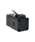 Angled front view of black brake stepper motor, 12V, NEMA17, 4-lead with mounting holes
