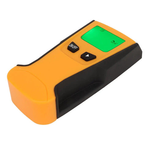 Aramox Wall Scanner Stud Finder, PC ABS Cordless Stud Detector for Metal Wood, green backlit LCD screen, angled view.
