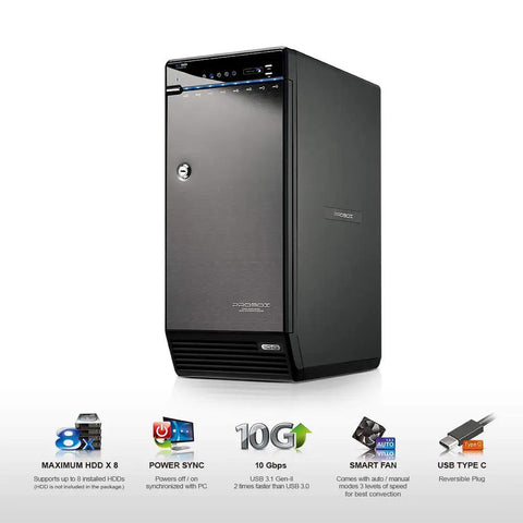 Top Shelf 8 Bay Hard Drive Enclosure Rock Solid Direct Attached Storage Box showing sleek design and USB Type C port.