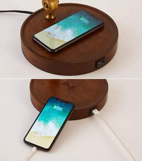 Wooden base of Rope Switch Retro Table Lamp with USB charging ports, smartphone charging on top, showcasing vintage desk light feature