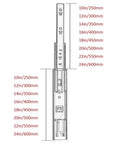 Diagram of ball bearing full extension drawer slides with 3 fold telescopic rails, side mount, showing various lengths in inches and mm.