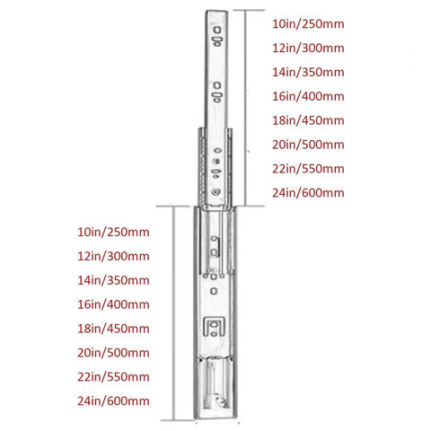 Diagram of ball bearing full extension drawer slides with 3 fold telescopic rails, side mount, showing various lengths in inches and mm.