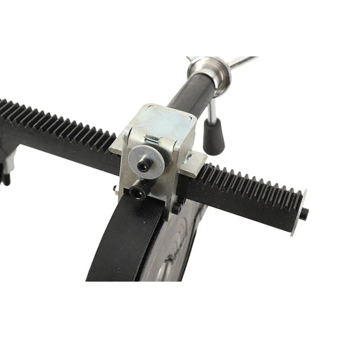 Heavy Duty Socket Fusion Weld Frame For Large Tubes 63-200 PE Heat Welding, Aluminum And Iron Construction, 40cm Rack, 28cm Stroke, No-Fuss Clamp System, Easy Pipe Fix And Precise Positioning close-up of clamp and rack