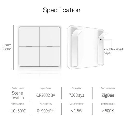 Wireless Smart Scene Switch Button For Four Gang Home Automation Battery Powered With Included CR2430 Zigbee And Tuya Compatible 12 Scene specifications