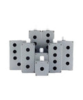 Front view: group of gray cast-aluminum push-button switch boxes with 22mm holes (IP67, explosion-proof).