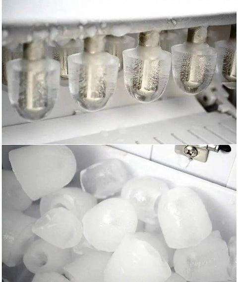 Compact Countertop Ice Maker Whips Up Quick Chill Cubes In Minutes Flat, showcasing clear ice cubes freezing in a metal tray.