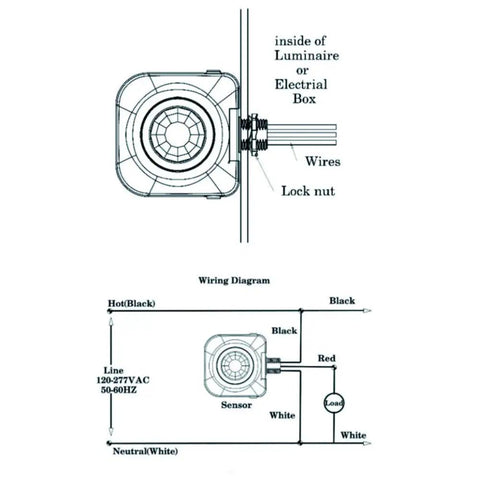 Wiring diagram for Ceiling Mounted Occupancy Motion Sensor Switch, showing connections and installation details.