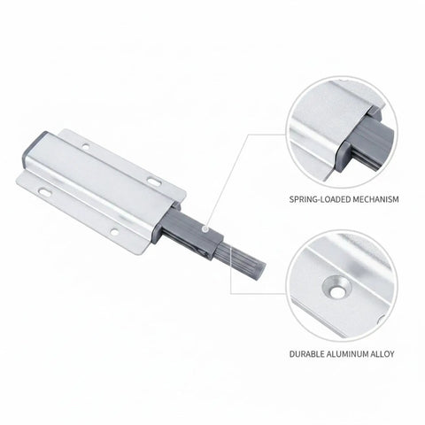 Close-up of Push To Open Cabinet Latch Aluminum Alloy Handle Free Catch showing durable spring-loaded mechanism, silver finish