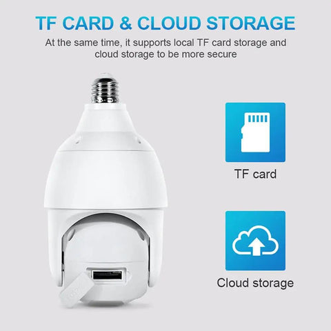 Light Bulb Security Camera 2K 4MP Outdoor Waterproof with TF card and cloud storage options for 360-degree view and motion detection.