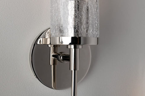 Close-up of Olivia 1 Light Wall Sconce in Aged Brass with Clear Crackle Glass Shade E26 Medium Base UL Listed Modern Vintage Vibe.