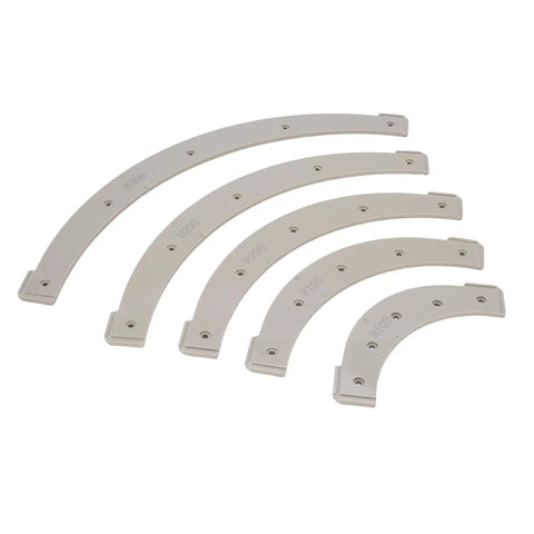 Top Notch Slick Radius Templates And Router Jigs For Crisp Corner Rounding With R100 To R300 Sizes In This Five Piece Set showing curved plastic templates.