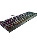 Badass Wired Gaming Keyboard Featuring Rock Solid Aluminum Chassis And Ultra Smooth Mx2A Brown Switches For Next Level Action and Glowing RGB Backlighting In a clean side view.