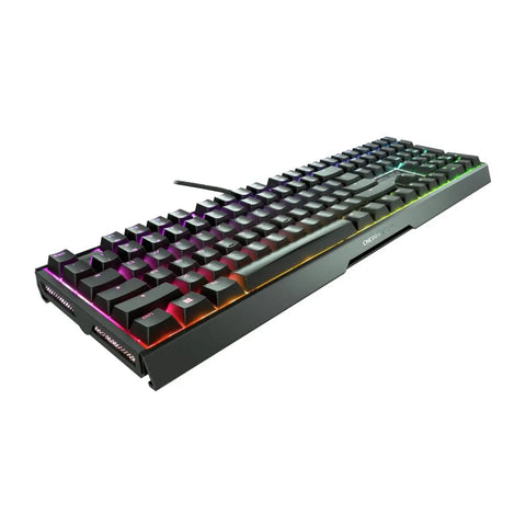 Badass Wired Gaming Keyboard Featuring Rock Solid Aluminum Chassis And Ultra Smooth Mx2A Brown Switches For Next Level Action and Glowing RGB Backlighting In a clean side view.