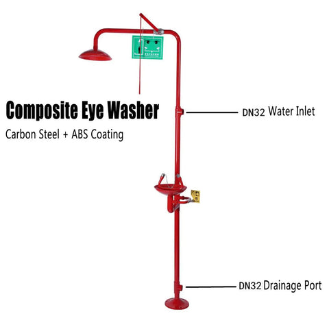 Emergency Eye Washer and Shower Station, hands-free eyewash kit with auto open dust cover, red with green sign, side view