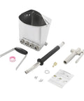 Built Tough Air Stucco Texture Hopper Sprayer Cranks Out Fast Wall Coating With Four Swappable Nozzles For Quick Mortar Spread And Flawless House Paint Finish parts shown including aluminum hopper and nozzles.