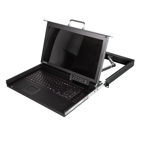 Top Shelf 17 Inch HD LCD KVM Console With 8 Port Switch, VGA USB And PS2 Ports, Integrated Keyboard And Mouse open view