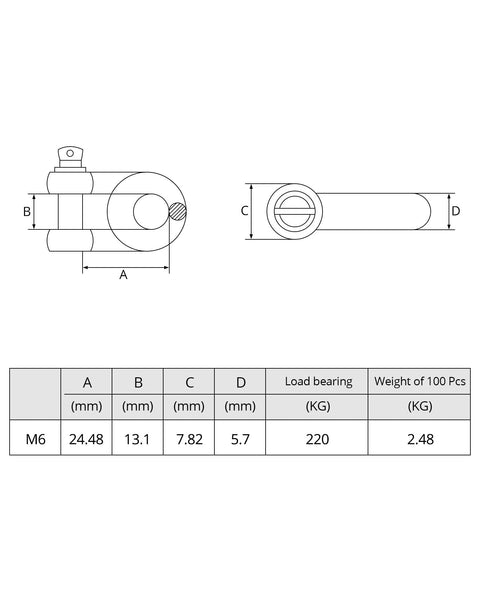 Technical diagram of One Quarter Inch D Ring Shackles Twenty Pack In 304 Stainless Steel Screw Pin Bow Shackle with specifications.