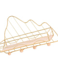 Golden Wall Mount Storage Rack With Heavy Duty Iron And Wood, Slick Hook Organizer For Kitchen Bedroom, angled view of golden rack with wooden shelf.