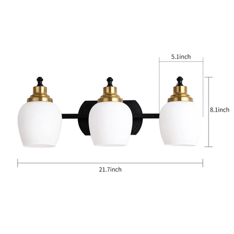 Bold Black And Gold 3 Light Vanity Light Fixture With White Glass Globe For Bathroom Wall Sconce Modern Matte Black Body With Warm Brass Accents E26 Bulb Compatible 21.7 Inch Long Ideal For Hallways Bedrooms And Living Areas
