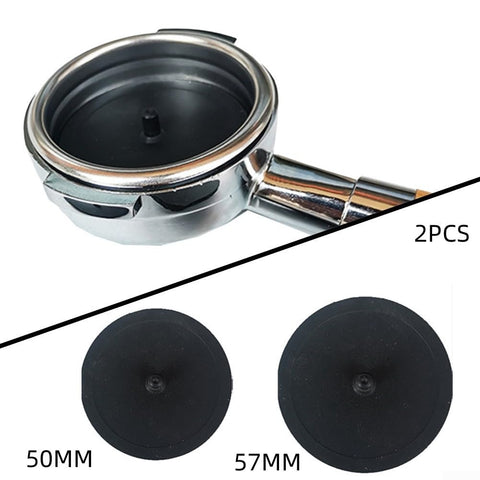 Backflush Rubber Disk Set For Espresso Machines 50mm Or 57mm Deep Group Head Cleaning For Home Barista Use 2 Pack shown with portafilter