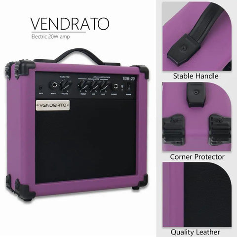 Purple 20W Bass Amp Portable Practice Speaker with six point five inch driver, aux input, headphone output, stable handle