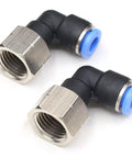 1/4 NPT Elbow Push To Connect Air Fittings Set for Pneumatic Lines, 6mm OD Quick Connect Adapters, 2 Pack, close-up view.