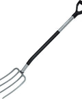 Ergonomic Garden Fork With Four Prongs, 122 Cm Long, Boron Steel, Grey And Black, Heavy Duty Digging Tool on white background
