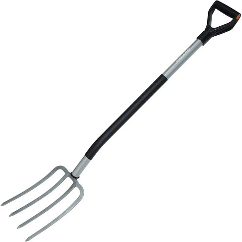 Ergonomic Garden Fork With Four Prongs, 122 Cm Long, Boron Steel, Grey And Black, Heavy Duty Digging Tool on white background