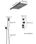 RIBEUJIZS Digital Shower System, Black Luxury Shower Mixer Kit components with dimensions and digital display.
