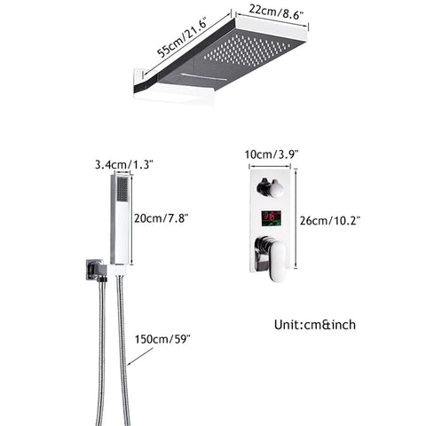 RIBEUJIZS Digital Shower System, Black Luxury Shower Mixer Kit components with dimensions and digital display.