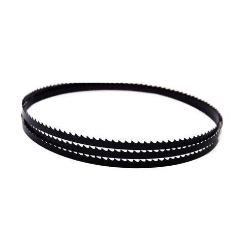 Heavy Duty Bimetal Bandsaw Blades 1400Mm Two Pack 6 10 14 Tpi Options viewed side on, showcasing sharp teeth and bimetal construction.