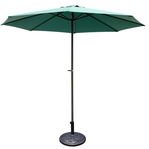 Heavy Duty Cast Iron Umbrella Base For Patio And Garden, 43lb Round Market Stand With Classic Bronze Finish supporting green umbrella