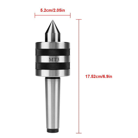 MT3 live center, front view; heavy-duty Morse taper 3, alloy steel, 3000 RPM